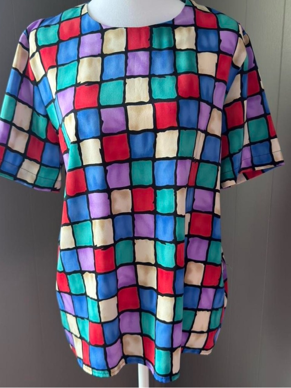 Notations Multicolor Square Print Short Sleeve Top